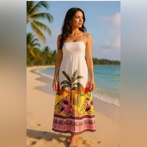 Anthropologie pink palm maxi dress resortwear boho beachy  feminine romantic